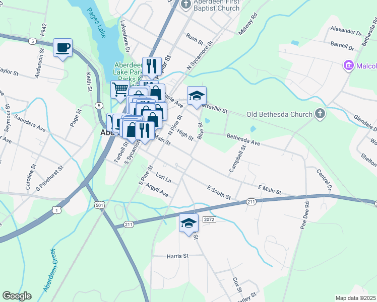 map of restaurants, bars, coffee shops, grocery stores, and more near 407 East Main Street in Aberdeen