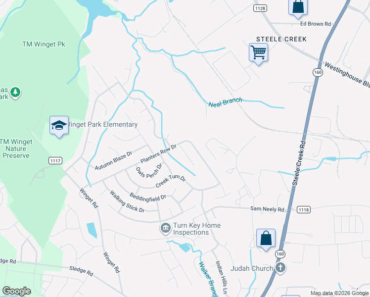 map of restaurants, bars, coffee shops, grocery stores, and more near 4344 Bubbling Brook Court in Charlotte