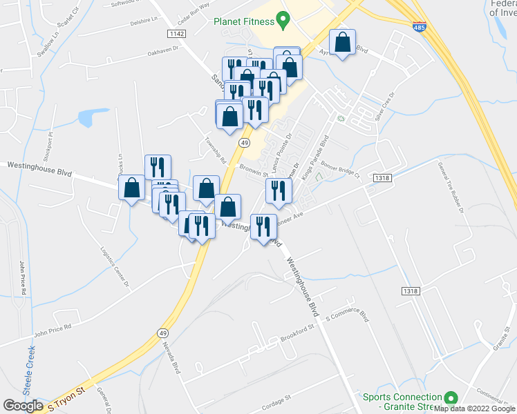 map of restaurants, bars, coffee shops, grocery stores, and more near 10124 Shaffer Valley Way in Charlotte