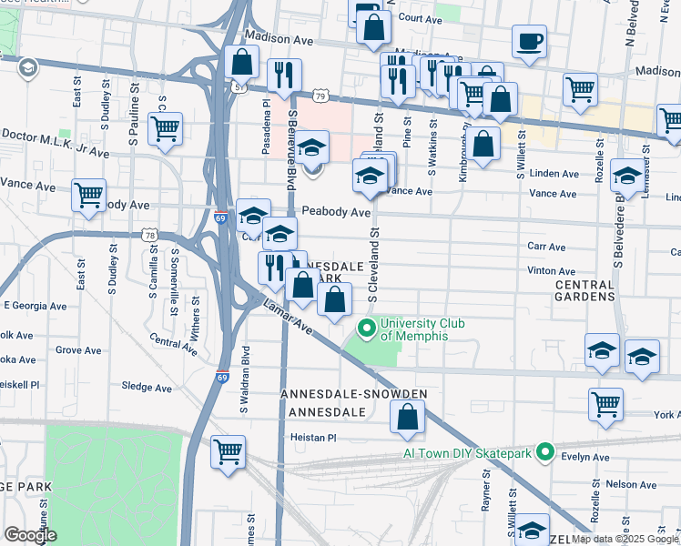 map of restaurants, bars, coffee shops, grocery stores, and more near 1312 Harbert Avenue in Memphis
