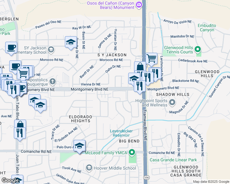 map of restaurants, bars, coffee shops, grocery stores, and more near 12400 Montgomery Boulevard Northeast in Albuquerque