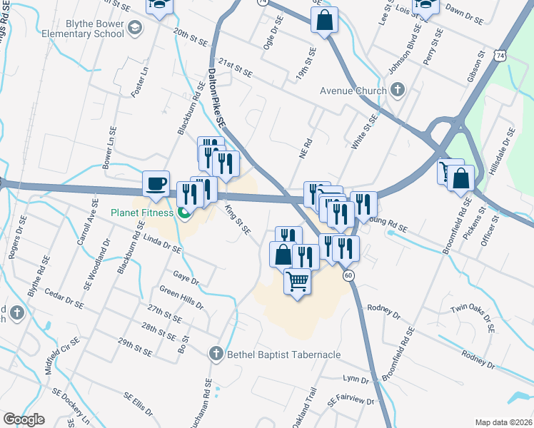 map of restaurants, bars, coffee shops, grocery stores, and more near 2225 Buchanan Rd SE in Cleveland