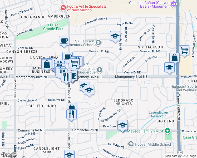 map of restaurants, bars, coffee shops, grocery stores, and more near 11800 Montgomery Boulevard Northeast in Albuquerque