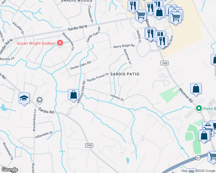 map of restaurants, bars, coffee shops, grocery stores, and more near 9212 Thorpe Court in Charlotte