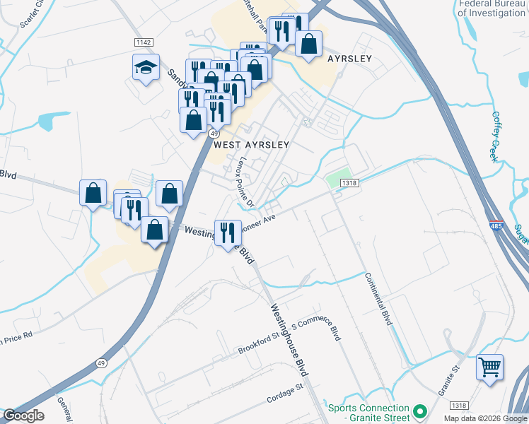 map of restaurants, bars, coffee shops, grocery stores, and more near 9330 Lenox Pointe Drive in Charlotte