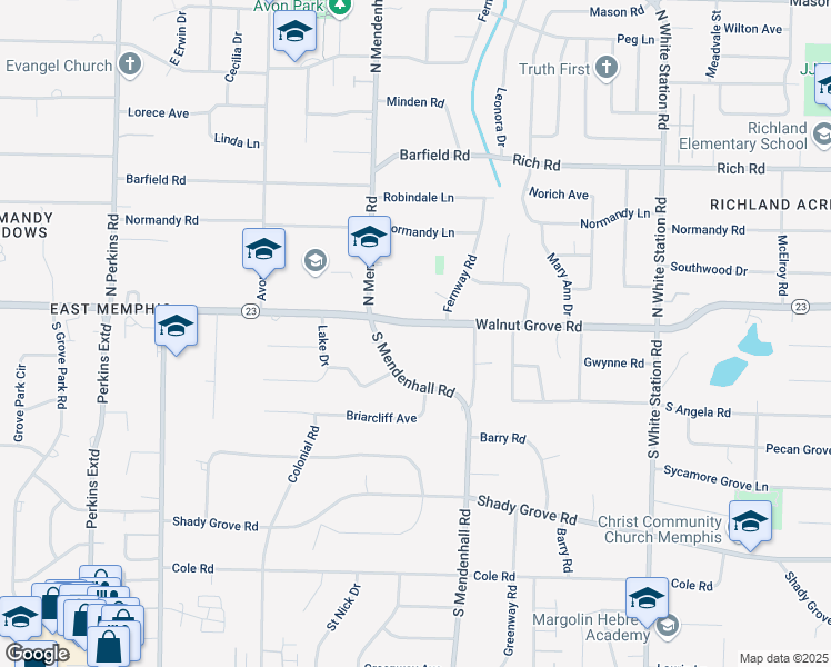 map of restaurants, bars, coffee shops, grocery stores, and more near 4971 Walnut Grove Road in Memphis