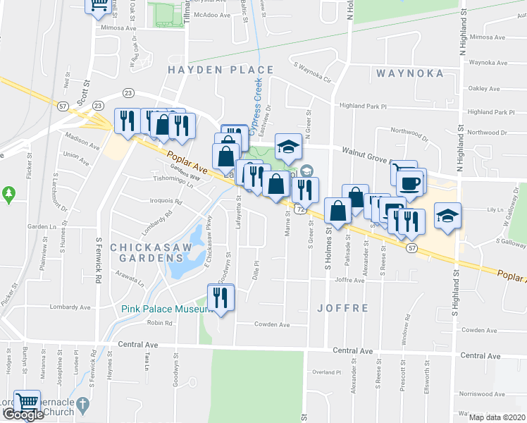 map of restaurants, bars, coffee shops, grocery stores, and more near 62 East Lafayette Circle in Memphis