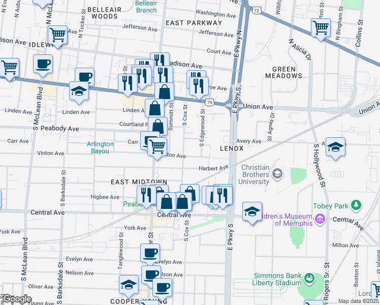 map of restaurants, bars, coffee shops, grocery stores, and more near 584 South Cox Street in Memphis