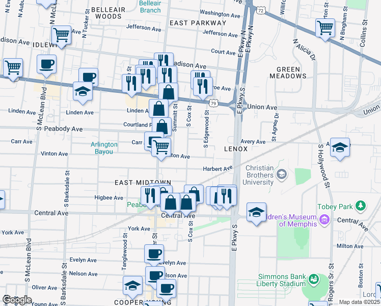 map of restaurants, bars, coffee shops, grocery stores, and more near 584 South Cox Street in Memphis