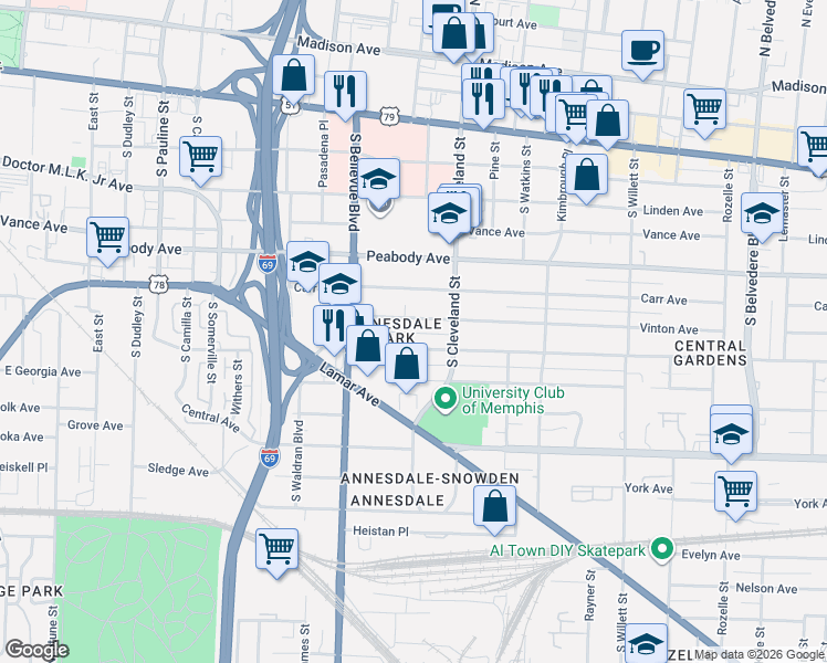 map of restaurants, bars, coffee shops, grocery stores, and more near 1312 Harbert Avenue in Memphis