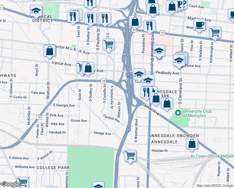 map of restaurants, bars, coffee shops, grocery stores, and more near 600 South Somerville Street in Memphis