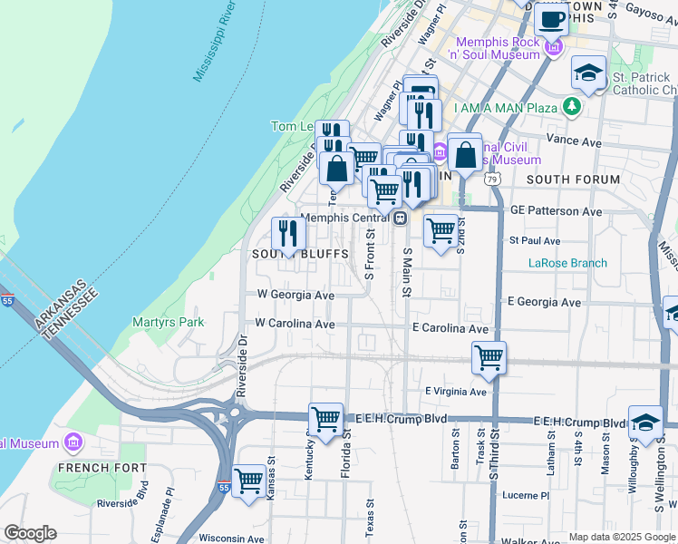 map of restaurants, bars, coffee shops, grocery stores, and more near 34 East Riverview Drive in Memphis