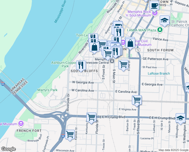 map of restaurants, bars, coffee shops, grocery stores, and more near 34 East Riverview Drive in Memphis