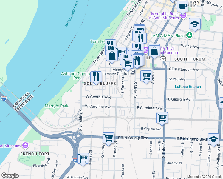 map of restaurants, bars, coffee shops, grocery stores, and more near 34 East Riverview Drive in Memphis