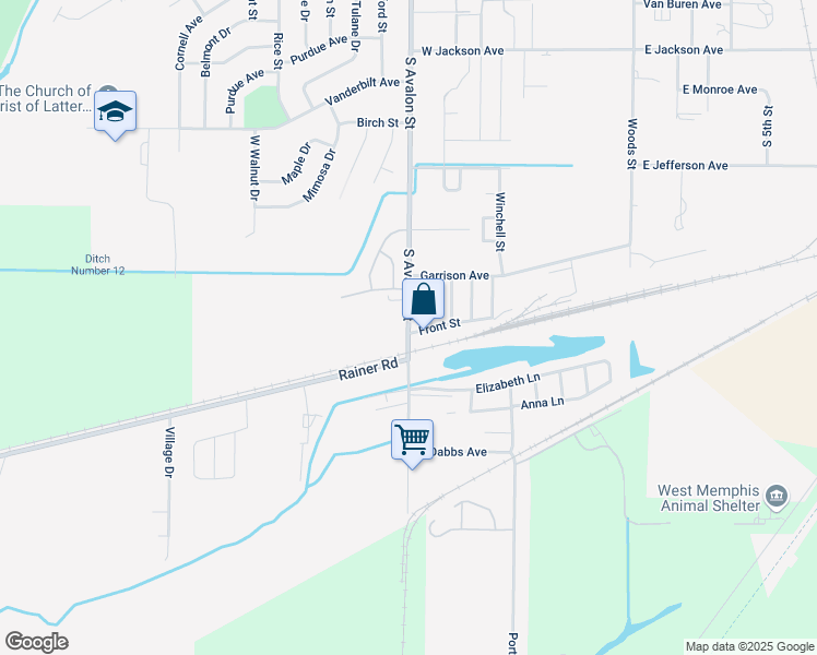 map of restaurants, bars, coffee shops, grocery stores, and more near 1320 South Avalon Street in West Memphis