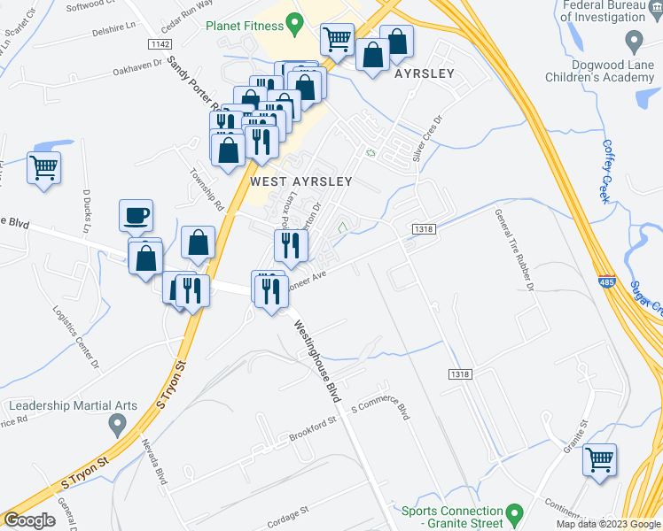 map of restaurants, bars, coffee shops, grocery stores, and more near 7753 Jackson Pond Drive in Charlotte