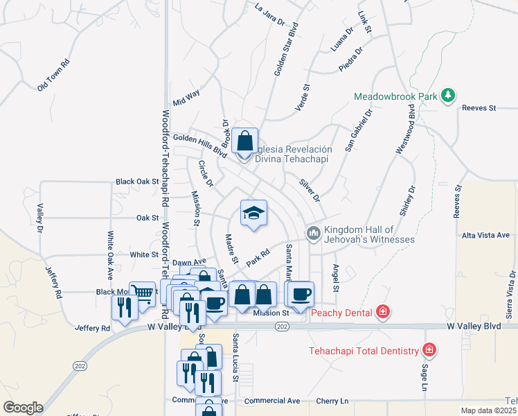 map of restaurants, bars, coffee shops, grocery stores, and more near 21431 Santa Maria Drive in Tehachapi