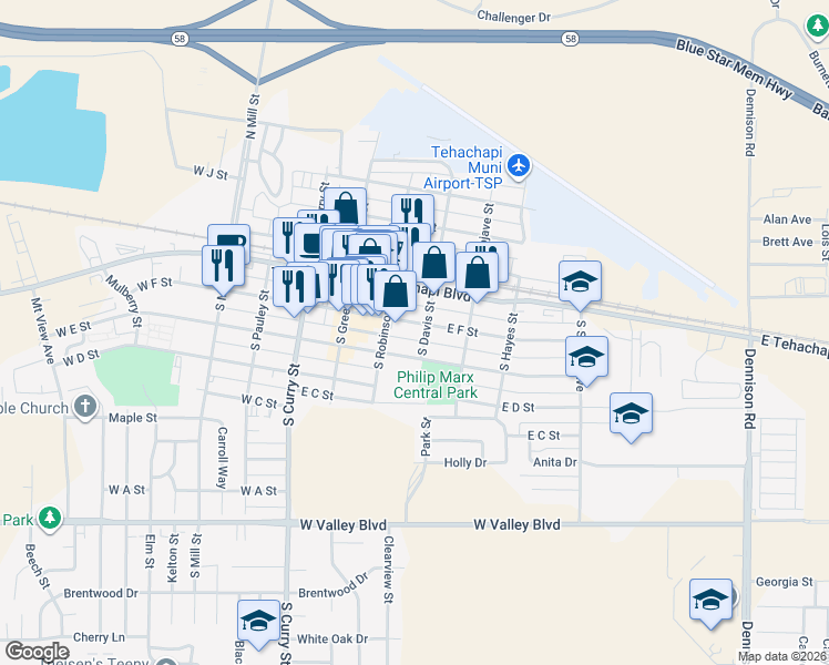 map of restaurants, bars, coffee shops, grocery stores, and more near 224 1/2 East F Street in Tehachapi