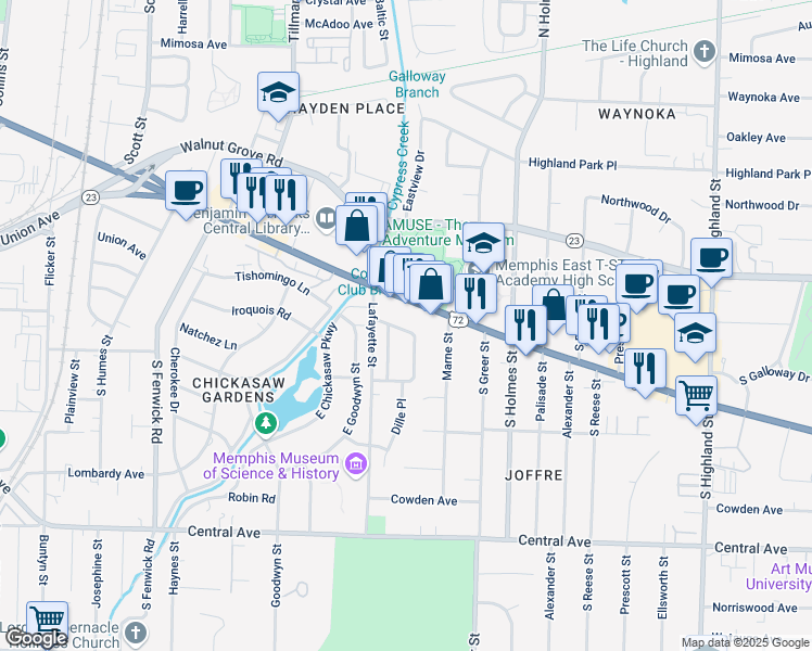 map of restaurants, bars, coffee shops, grocery stores, and more near 3152 North Lafayette Circle in Memphis