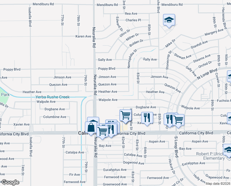 map of restaurants, bars, coffee shops, grocery stores, and more near 8130 Heather Avenue in California City