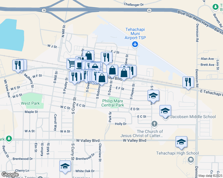 map of restaurants, bars, coffee shops, grocery stores, and more near 304 East F Street in Tehachapi