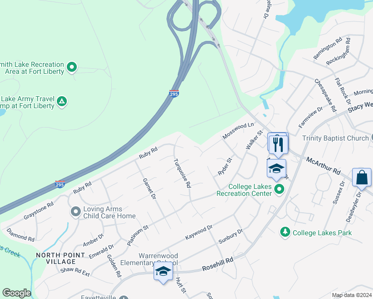 map of restaurants, bars, coffee shops, grocery stores, and more near 4606 Ruby Road in Fayetteville