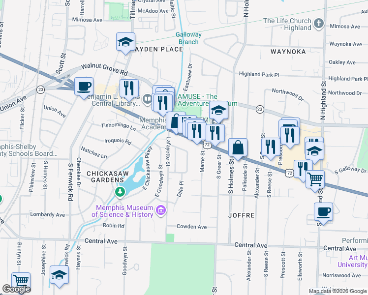 map of restaurants, bars, coffee shops, grocery stores, and more near 62 East Lafayette Circle in Memphis