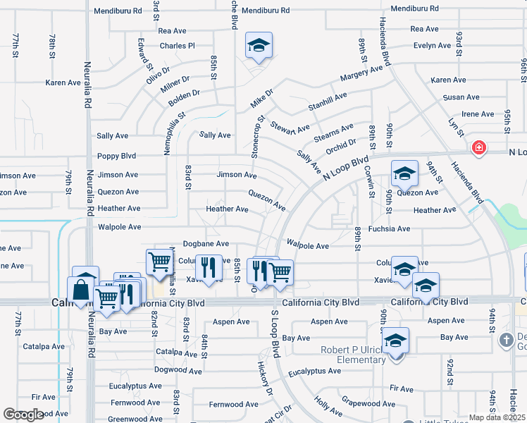 map of restaurants, bars, coffee shops, grocery stores, and more near 8565 Heather Avenue in California City