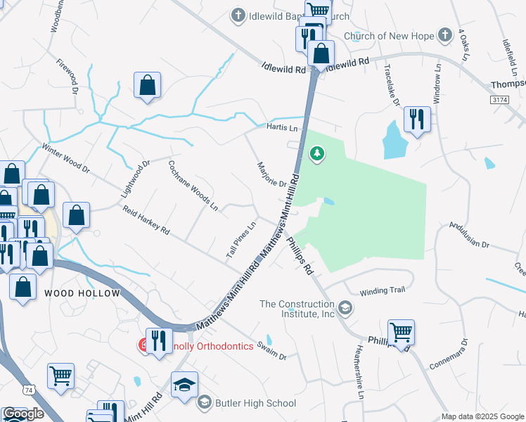 map of restaurants, bars, coffee shops, grocery stores, and more near 13031 Phillips Road in Matthews