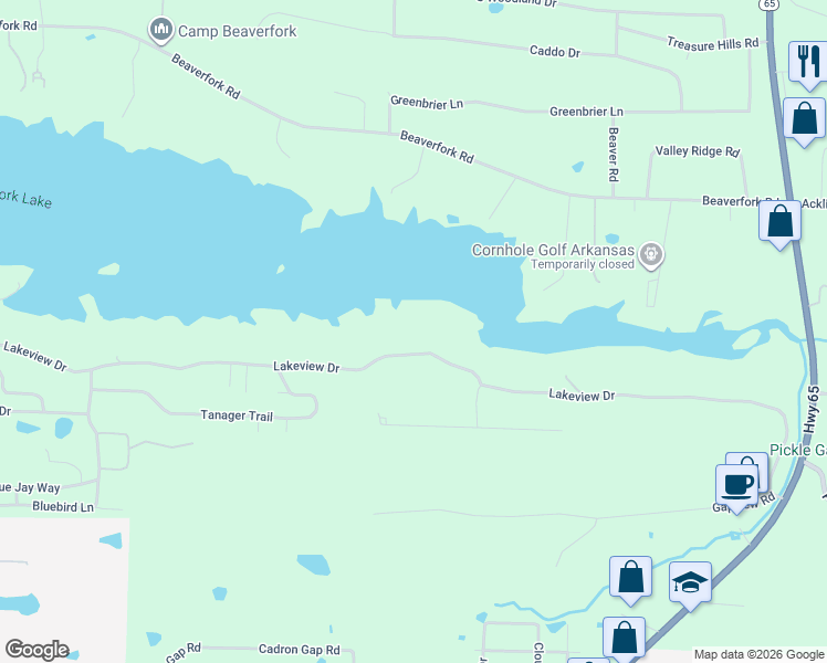 map of restaurants, bars, coffee shops, grocery stores, and more near 60 Lakeview Drive in Conway