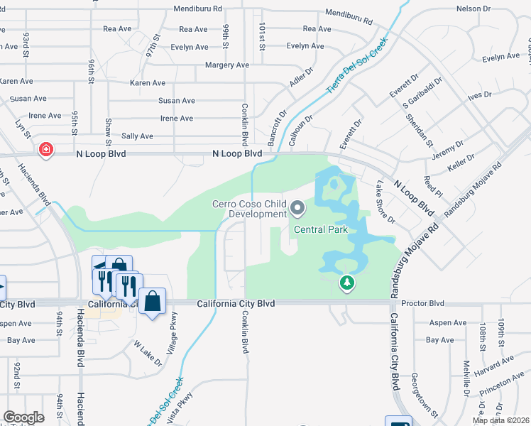 map of restaurants, bars, coffee shops, grocery stores, and more near 21300 Bancroft Court in California City