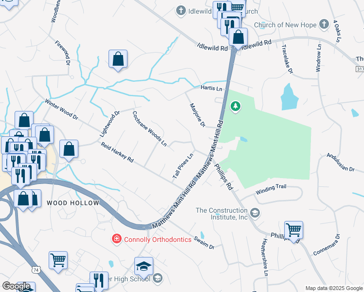 map of restaurants, bars, coffee shops, grocery stores, and more near 2724 Phillips Woods Lane in Matthews
