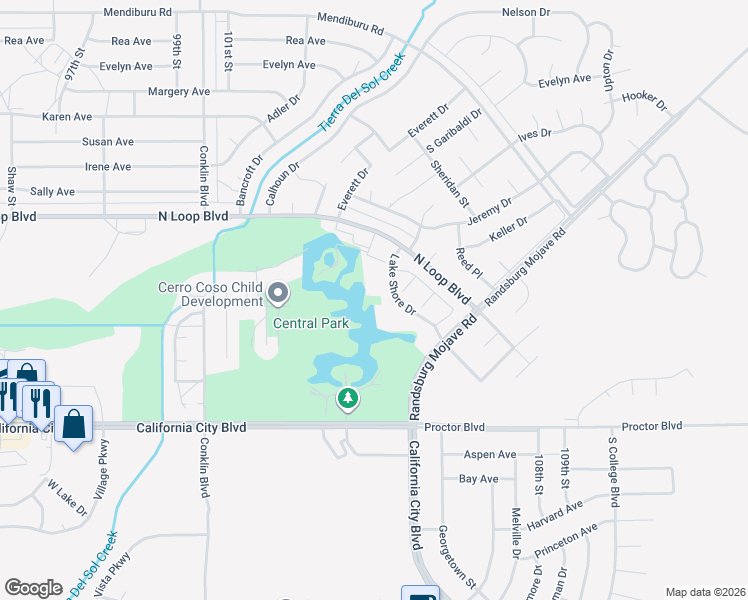 map of restaurants, bars, coffee shops, grocery stores, and more near 21329 Lake Shore Drive in California City
