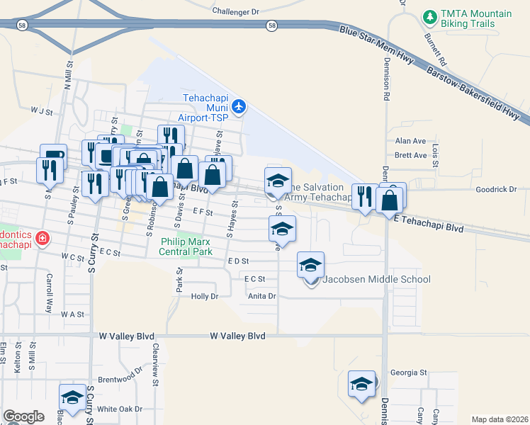 map of restaurants, bars, coffee shops, grocery stores, and more near 525 East F Street in Tehachapi