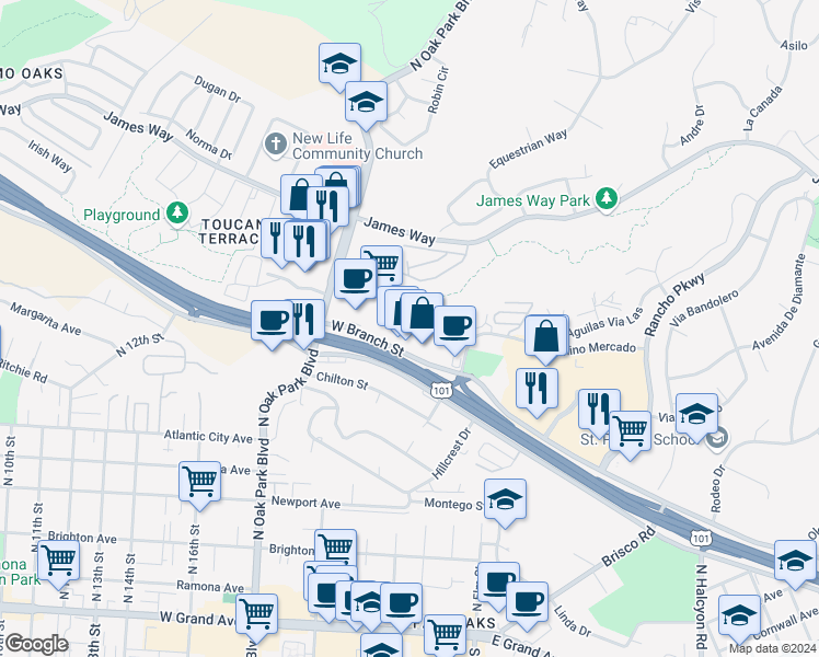 map of restaurants, bars, coffee shops, grocery stores, and more near 1540 West Branch Street in Arroyo Grande