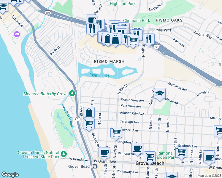map of restaurants, bars, coffee shops, grocery stores, and more near 824 North 3rd Street in Grover Beach