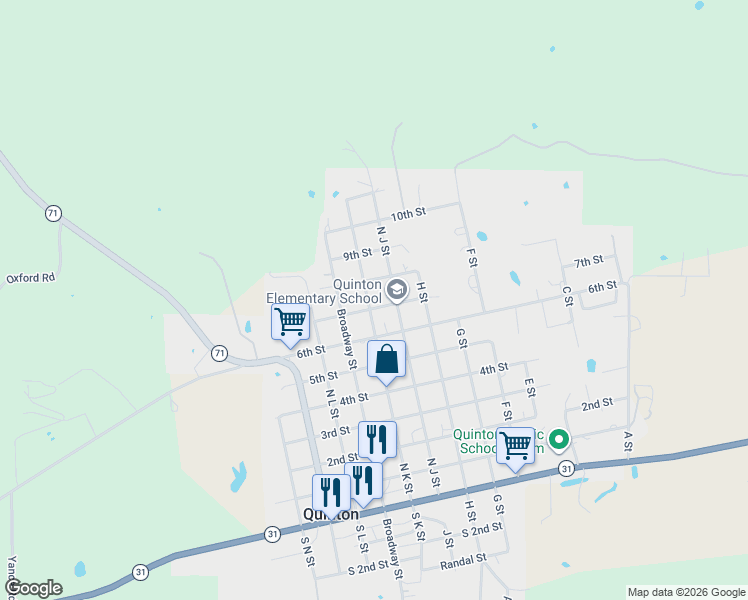 map of restaurants, bars, coffee shops, grocery stores, and more near 615 North J Street in Quinton