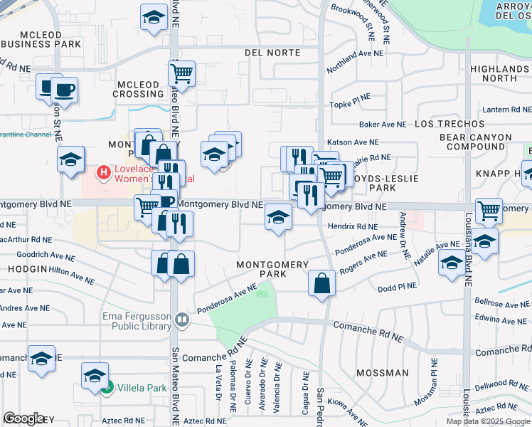 map of restaurants, bars, coffee shops, grocery stores, and more near 5404 Montgomery Boulevard Northeast in Albuquerque