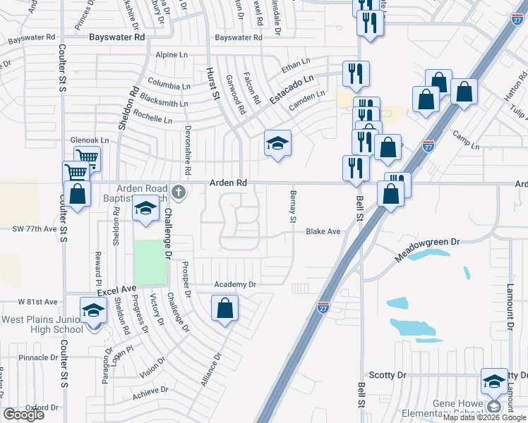 map of restaurants, bars, coffee shops, grocery stores, and more near 6405 Arden Road in Amarillo