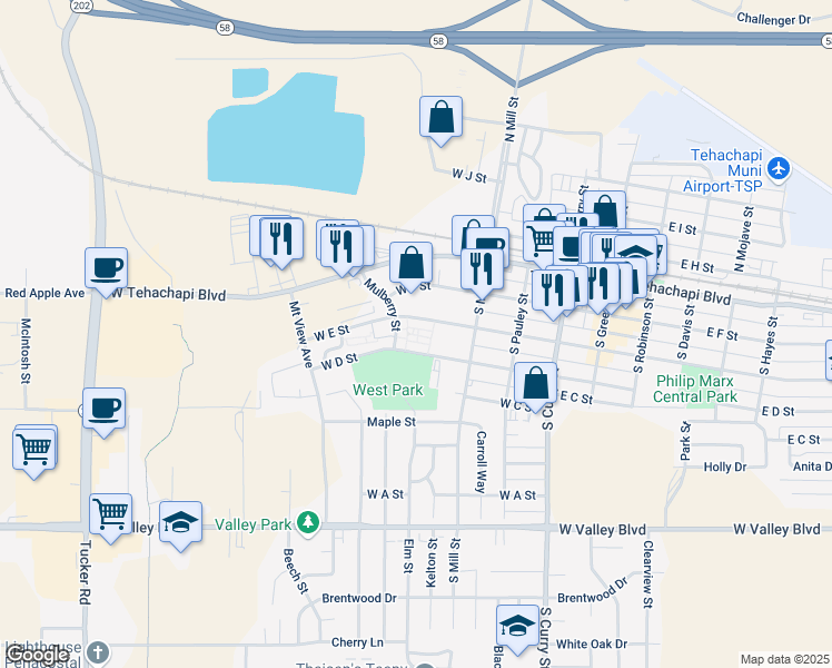 map of restaurants, bars, coffee shops, grocery stores, and more near 490 West D Street in Tehachapi