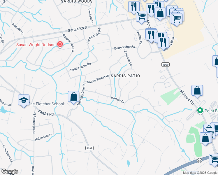 map of restaurants, bars, coffee shops, grocery stores, and more near 9212 Thorpe Court in Charlotte