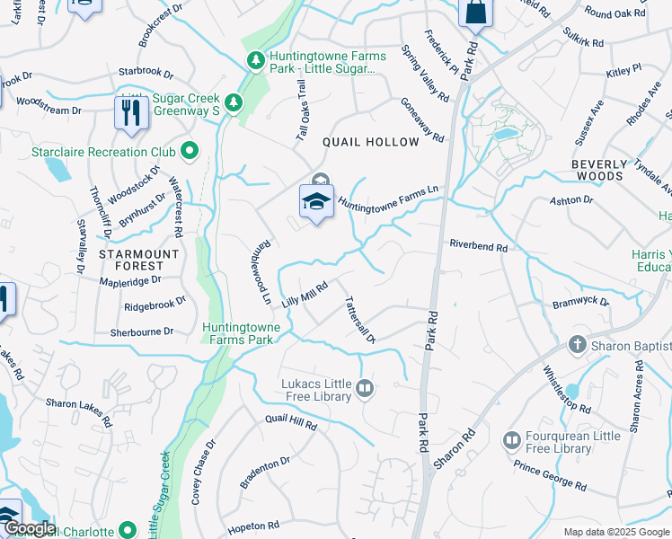 map of restaurants, bars, coffee shops, grocery stores, and more near 2631 Lilly Mill Road in Charlotte