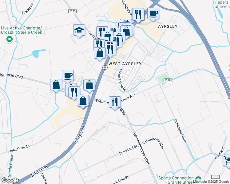 map of restaurants, bars, coffee shops, grocery stores, and more near 10124 Shaffer Valley Way in Charlotte