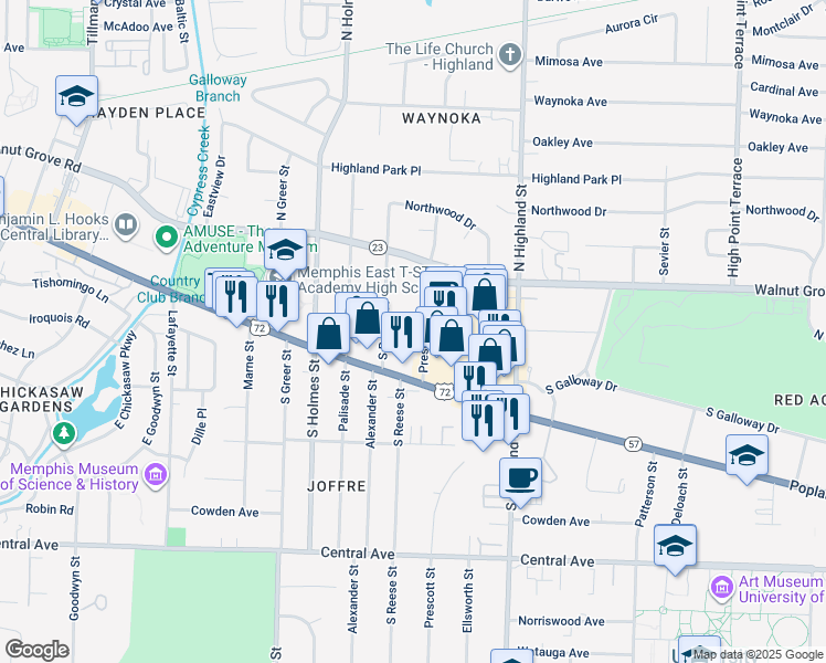 map of restaurants, bars, coffee shops, grocery stores, and more near 67 Prescott Street in Memphis
