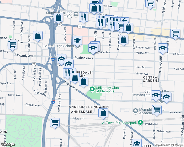 map of restaurants, bars, coffee shops, grocery stores, and more near 1312 Harbert Avenue in Memphis