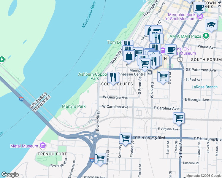 map of restaurants, bars, coffee shops, grocery stores, and more near 4 West Riverview Drive in Memphis
