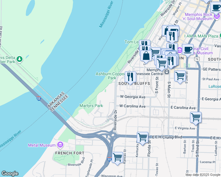 map of restaurants, bars, coffee shops, grocery stores, and more near in Memphis