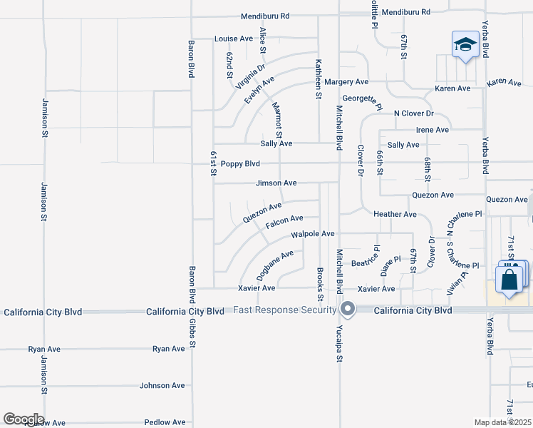 map of restaurants, bars, coffee shops, grocery stores, and more near Quezon Avenue in California City