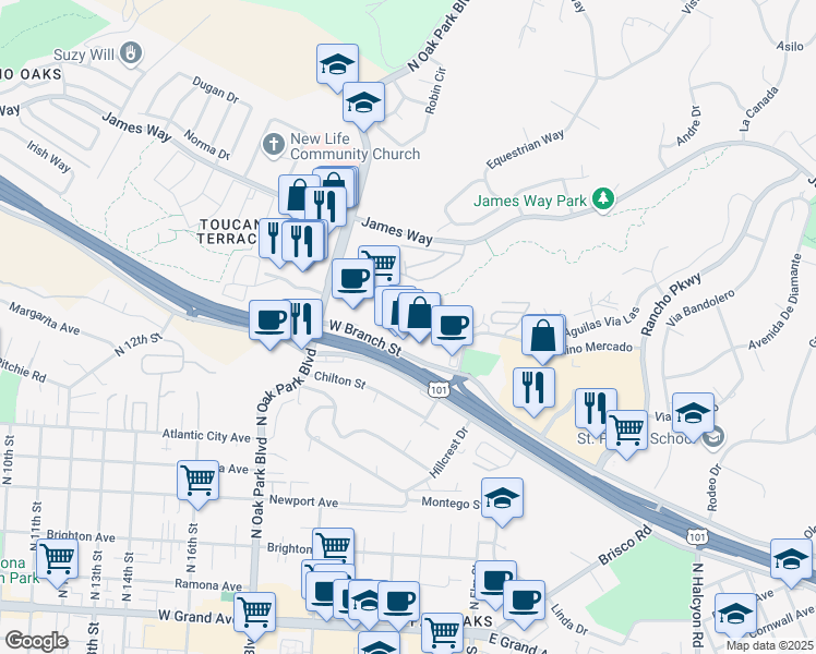 map of restaurants, bars, coffee shops, grocery stores, and more near 1520 West Branch Street in Arroyo Grande