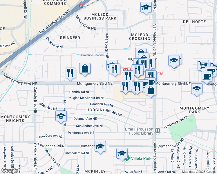 map of restaurants, bars, coffee shops, grocery stores, and more near 4408 Montgomery Boulevard Northeast in Albuquerque